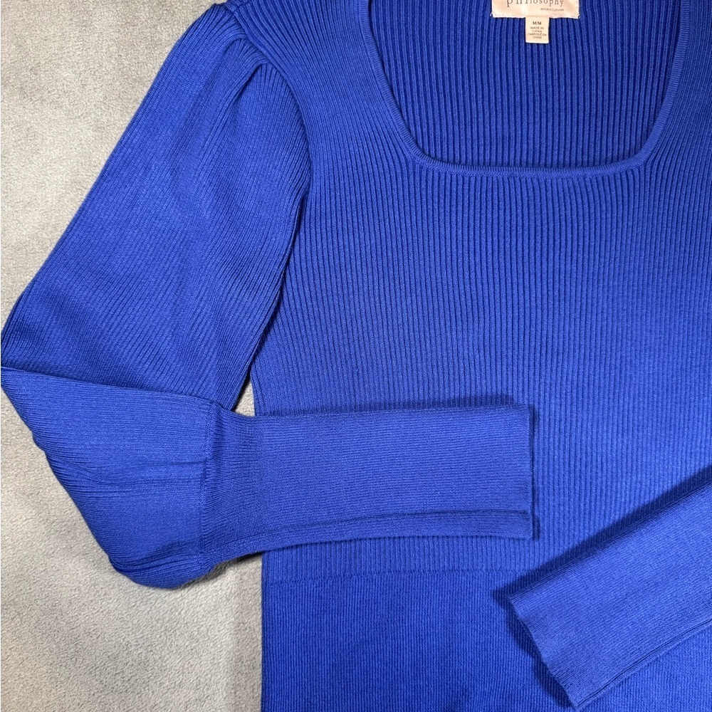 Philosophy Ribbed Royal Blue Sweater Shirt with Puffy Sleeves - Picture 2 of 12